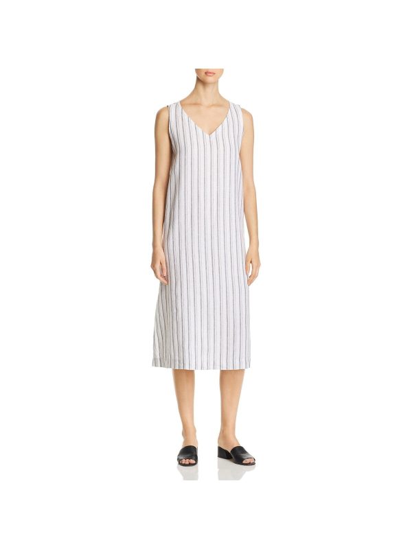 EILEEN FISHER Womens White Striped Sleeveless V Neck Midi Shift Dress For Cheap