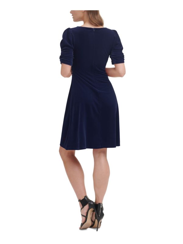 DKNY Womens Navy Ruched Zippered Velvet Textured Pouf Sleeve V Neck Knee Length Cocktail Sheath Dress Online Sale