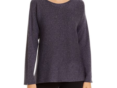 EILEEN FISHER Womens Purple Knit Glitter Metallic Stretch Long Sleeve Boat Neck Tunic Sweater Online now