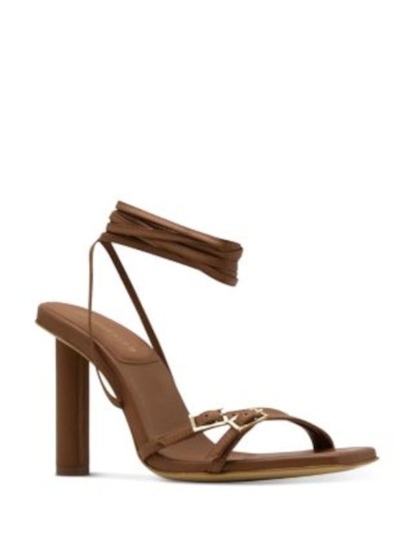 ILIO SMERALDO Womens Brown Wrapping Ankle Padded Buckle Accent Strappy Square Toe Lace-Up Leather Heeled Online now