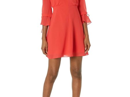 VINCE CAMUTO Womens Coral Zippered Lined Keyhole Back Tie Cuff Long Sleeve V Neck Short Party Fit + Flare Dress For Sale