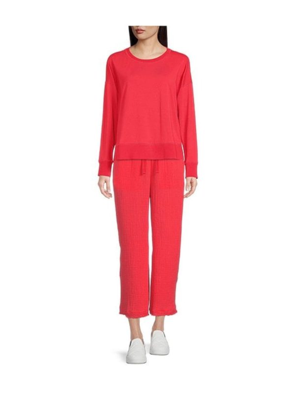 EILEEN FISHER Womens Red Knit Ribbed Ballet-neck Lightweight Long Sleeve Hi-Lo Top Discount