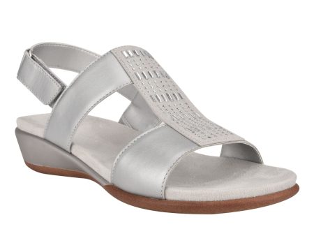 EASY SPIRIT Womens Silver Mixed Media Adjustable Arch Support Goring Comfort Rhinestone Metallic Hazel Round Toe Wedge Slingback Sandal M Online now