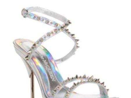 ALEXANDER MCQUEEN Womens Silver Iridescent Padded 1  Platform Ankle Strap Studded Punk Stud Round Toe Sculpted Heel Buckle Leather Heeled For Cheap