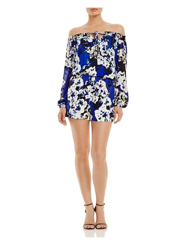 PARKER Womens Blue Printed Long Sleeve Off Shoulder Romper Online Hot Sale