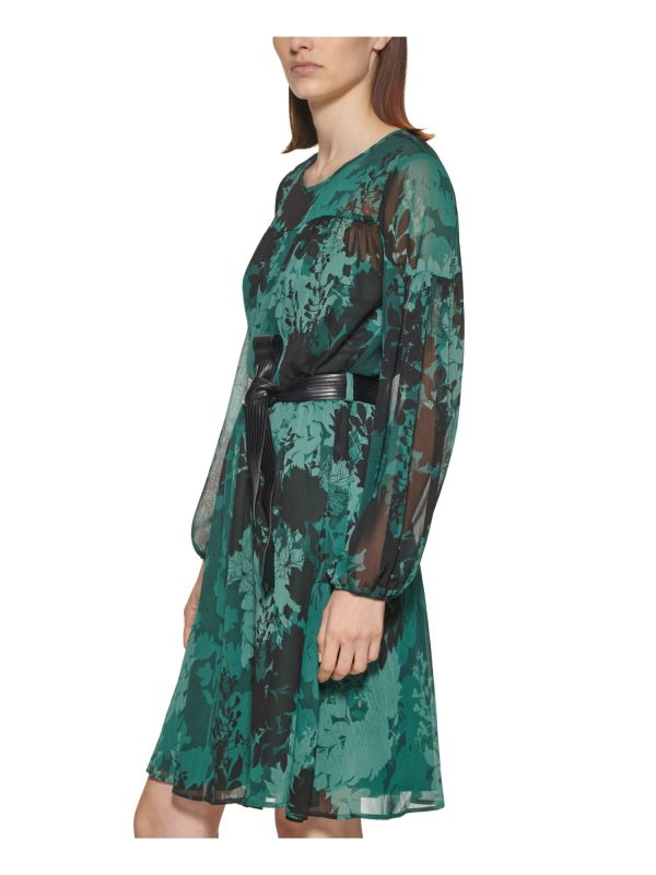 CALVIN KLEIN Womens Sheer Floral Long Sleeve Round Neck Above The Knee Cocktail A-Line Dress Online Sale