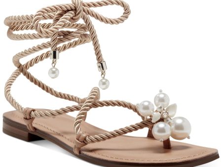 INC Womens Beige Rope Wrapping Ankle Strap Chunky Pearls Embellished Comfort Jerzi Round Toe Lace-Up Slide Sandals Shoes M For Cheap