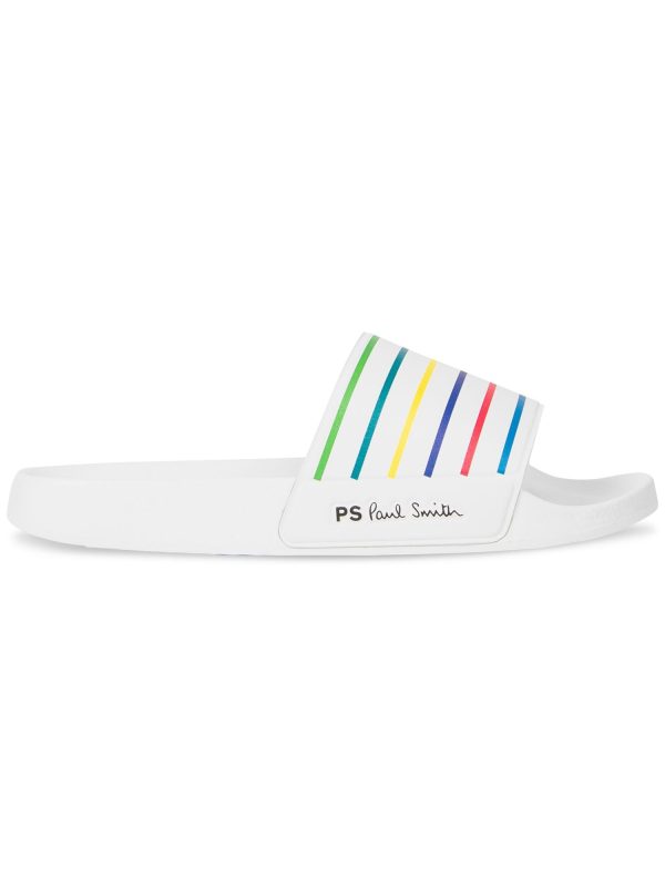 PAUL SMITH Mens White Striped Logo Comfort Nyro Round Toe Slip On Slide Sandals Shoes Discount