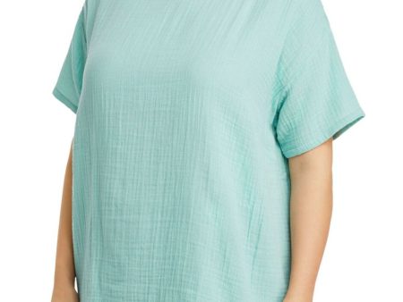 EILEEN FISHER Womens Turquoise Slitted Textured Lofty Gauze Semi-sheer Short Sleeve Boat Neck Blouse Fashion