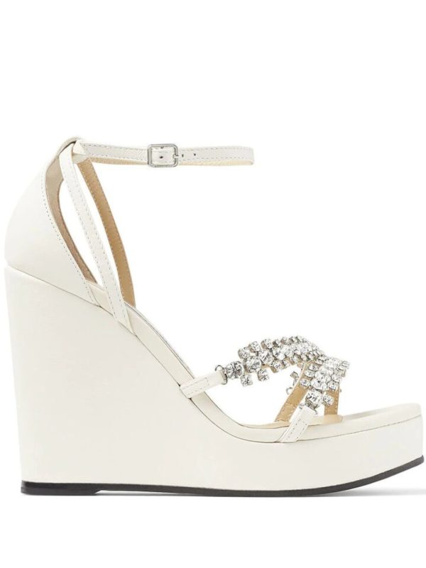 JIMMY CHOO Womens Ivory 1  Platform Padded Embellished Ankle Strap Bing 120 Open Toe Wedge Buckle Leather Dress Heeled Fashion