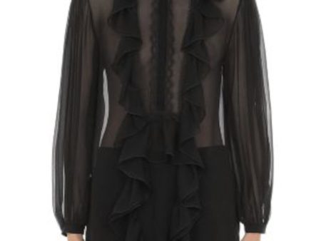 ALBERTA FERRETTI Womens Black Ruffled Sheer Lace Hi Lo Hem Snap Button Front Blouson Sleeve Mock Neck Evening Blouse Fashion