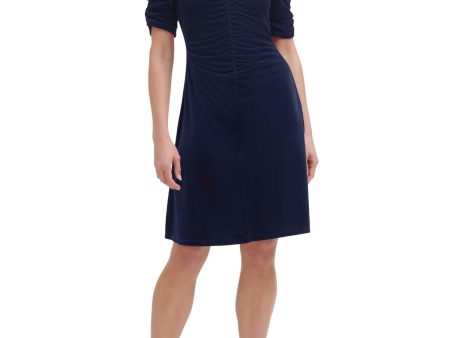 DKNY Womens Navy Ruched Zippered Velvet Textured Pouf Sleeve V Neck Knee Length Cocktail Sheath Dress Online Sale