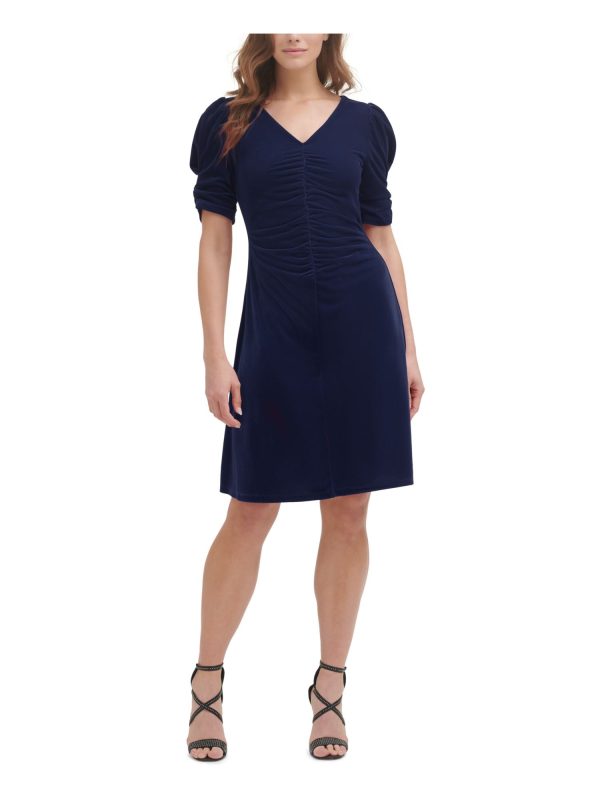 DKNY Womens Navy Ruched Zippered Velvet Textured Pouf Sleeve V Neck Knee Length Cocktail Sheath Dress Online Sale