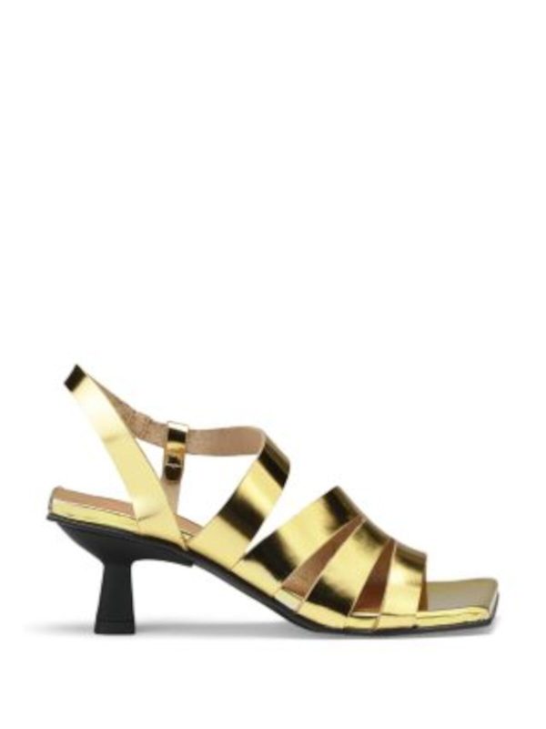 GANNI Womens Gold Padded Metallic Asymmetrical Asymmetric Square Toe Flare Buckle Leather Slingback Sandal Hot on Sale