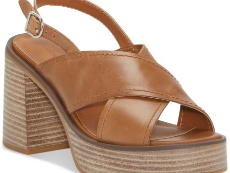 LUCKY BRAND Womens Brown 1  Platform Crisscross Straps Padded Delmie Round Toe Stacked Heel Buckle Leather Slingback Sandal Cheap