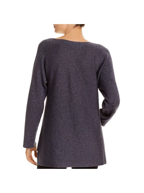 EILEEN FISHER Womens Purple Knit Glitter Metallic Stretch Long Sleeve Boat Neck Tunic Sweater Online now