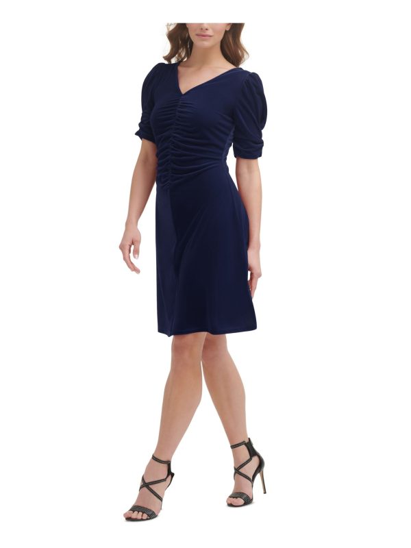 DKNY Womens Navy Ruched Zippered Velvet Textured Pouf Sleeve V Neck Knee Length Cocktail Sheath Dress Online Sale