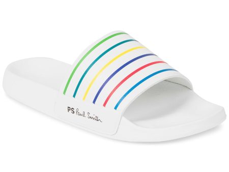 PAUL SMITH Mens White Striped Logo Comfort Nyro Round Toe Slip On Slide Sandals Shoes Discount