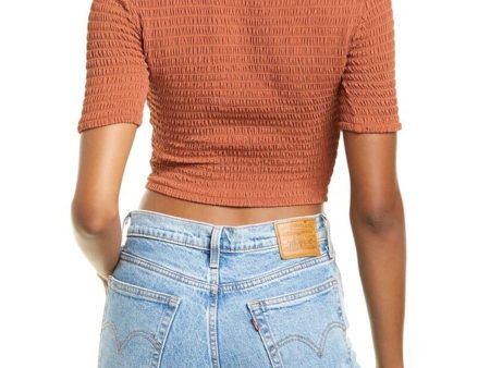 A.L.C. Womens Brown Stretch Smocked Short Sleeve Mock Neck Crop Top Online Hot Sale