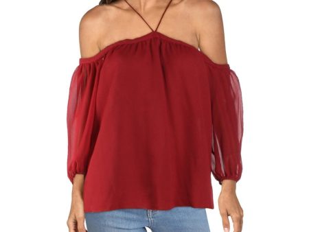 1. STATE Womens Red Cold Shoulder Sheer Keyhole Back Elastic Cuffs 3 4 Sleeve Halter Cocktail Blouse Supply