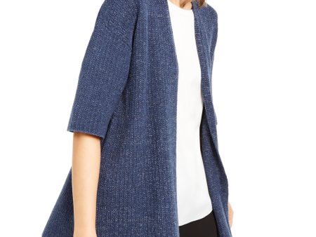 EILEEN FISHER Womens Blue Elbow Sleeve Open Front Sweater For Cheap