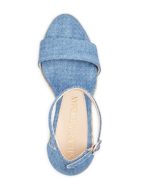 STUART WEITZMAN Womens Blue Denim 1  Platform Padded Ankle Strap Floria Almond Toe Wedge Buckle Espadrille Shoes C on Sale