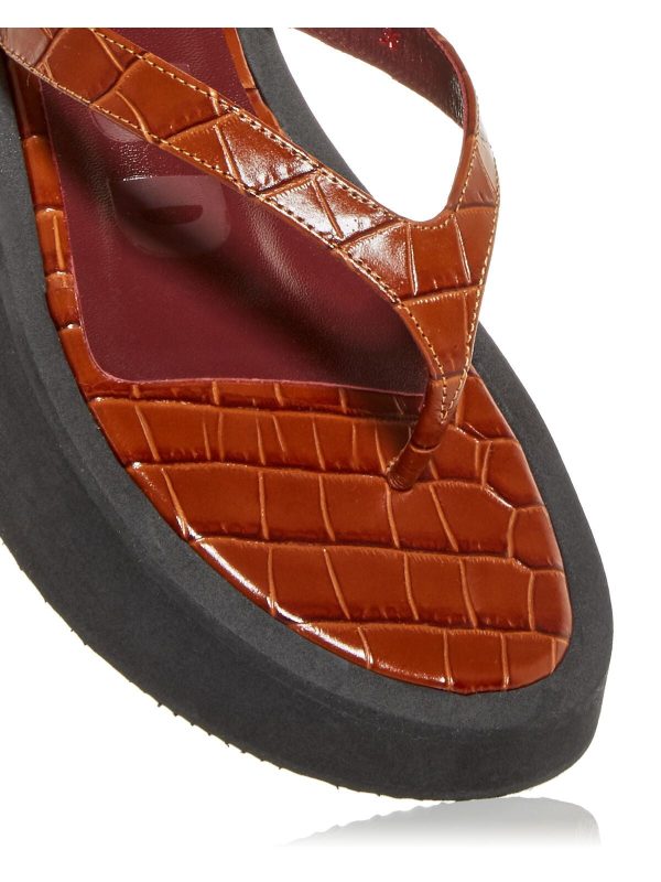 STAUD Womens Brown Croc Embossed Cushioned Tessa Round Toe Wedge Slip On Leather Thong Sandals Shoes Hot on Sale