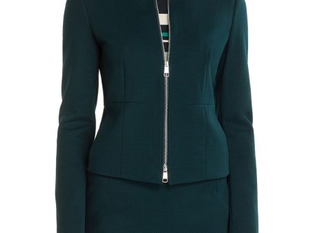 BOSS Womens Green Stretch Zippered Textured Lined Long Sleeve Crew Neck Wear To Work Blazer Jacket Supply