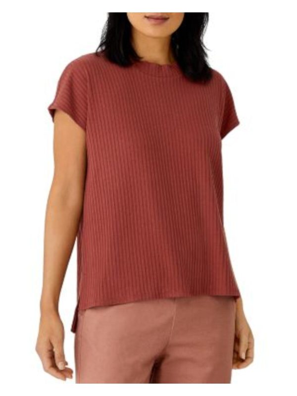 EILEEN FISHER Womens Brown Stretch Ribbed Textured Short Sleeve Crew Neck Top Fashion