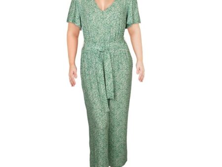 1. STATE Womens Green Belted Printed Short Sleeve V Neck Wide Leg Jumpsuit Cheap