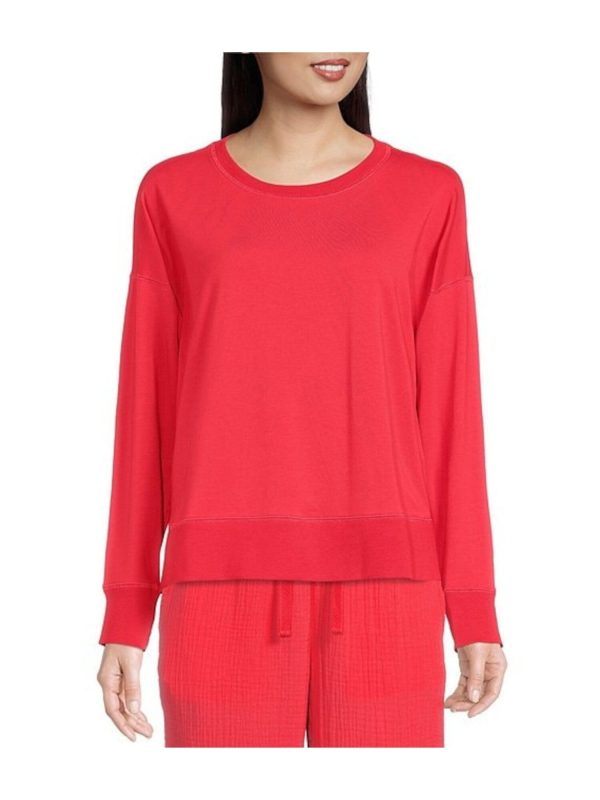 EILEEN FISHER Womens Red Knit Ribbed Ballet-neck Lightweight Long Sleeve Hi-Lo Top Discount