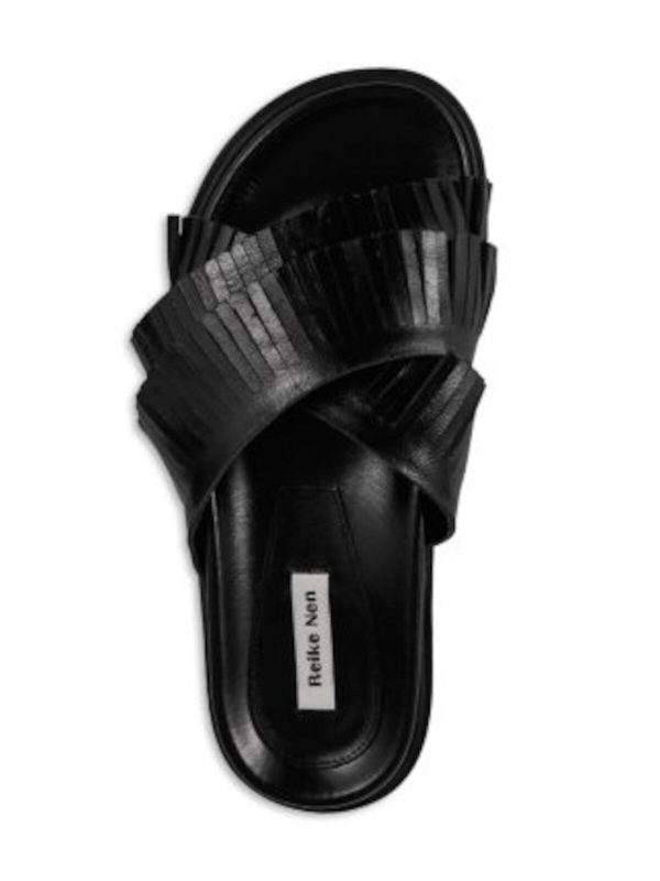 REIKE NEN Womens Black Fringed Padded Crossover Fringe Round Toe Platform Slip On Leather Slide Sandals Shoes For Cheap