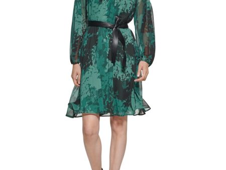 CALVIN KLEIN Womens Sheer Floral Long Sleeve Round Neck Above The Knee Cocktail A-Line Dress Online Sale