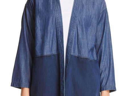 EILEEN FISHER Womens Navy Pocketed Kimono Jacket Color Block Long Sleeve Jacket Online Hot Sale