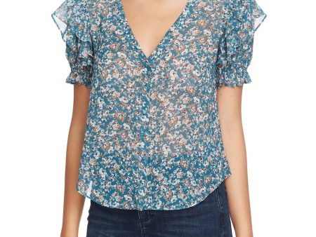 1. STATE Womens Teal Ruffled Sheer Button-up Floral Short Sleeve V Neck Blouse Discount