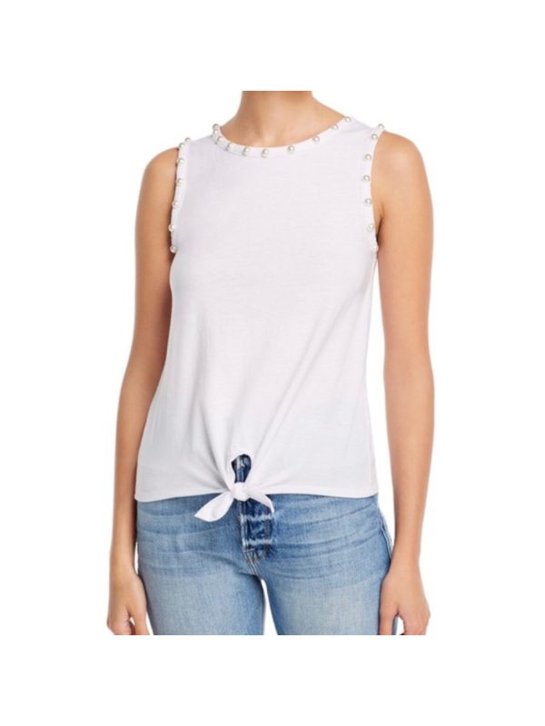 GENERATION LOVE Womens White Embellished Tie Pearl Trim Sleeveless Crew Neck Tank Top on Sale