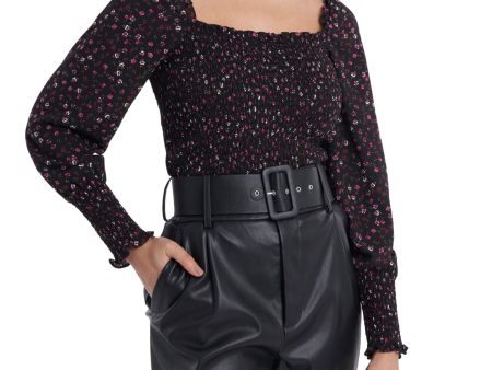 1. STATE Womens Black Stretch Smocked Ruffled Square-back Floral Blouson Sleeve Square Neck Blouse on Sale