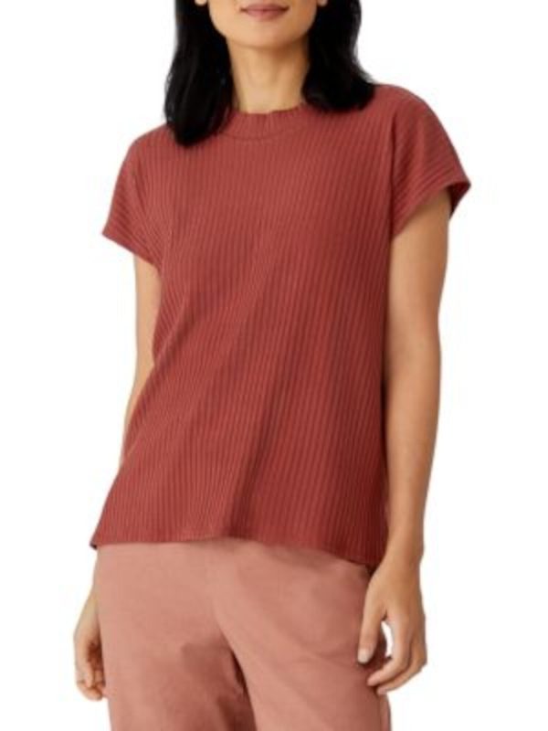 EILEEN FISHER Womens Brown Stretch Ribbed Textured Short Sleeve Crew Neck Top Fashion