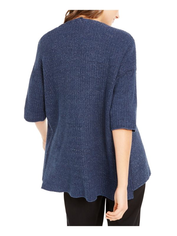 EILEEN FISHER Womens Blue Elbow Sleeve Open Front Sweater For Cheap