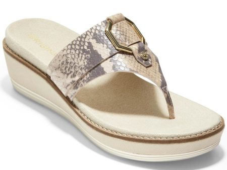 COLE HAAN Womens Beige Snakeskin 1-1 2  Platform Hardware Embellishment Comfort Slip Resistant Breathable Original Grand Flatform Round Toe Wedge Slip On Leather Thong Sandals Shoes B For Sale