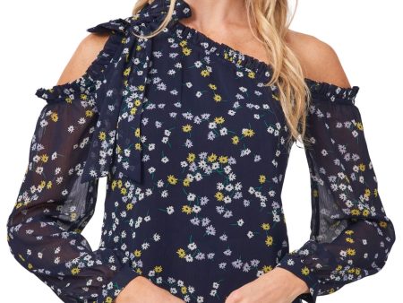 CECE Womens Navy Cold Shoulder Ruffled Bow Detail Sheer Body Lined Floral Long Sleeve Asymmetrical Neckline Party Blouse Online