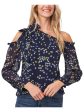 CECE Womens Navy Cold Shoulder Ruffled Bow Detail Sheer Body Lined Floral Long Sleeve Asymmetrical Neckline Party Blouse Online