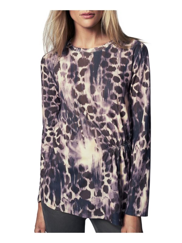 B NEW YORK Womens Ruched Printed Long Sleeve Crew Neck Blouse Online Sale