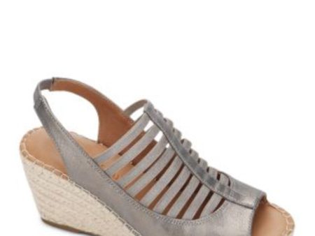 KENNETH COLE Womens Pewter Gray Mixed Media Caged Distressed Espadrille Metallic Cushioned Gentle Souls Charli Round Toe Wedge Slip On Leather Dress Slingback Sandal M Online Hot Sale