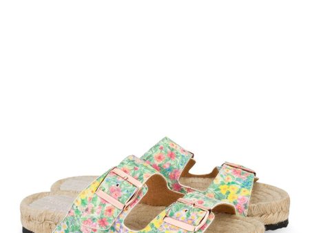 MANEBI Womens Rainbow Sky Green Floral Adjustable Strap Nordic Round Toe Slip On Leather Espadrille Shoes For Sale