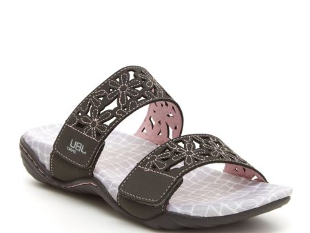 JBU SPORT Womens Gray Non-Slip Adjustable Wildflower Round Toe Slip On Leather Slide Sandals Shoes M For Sale