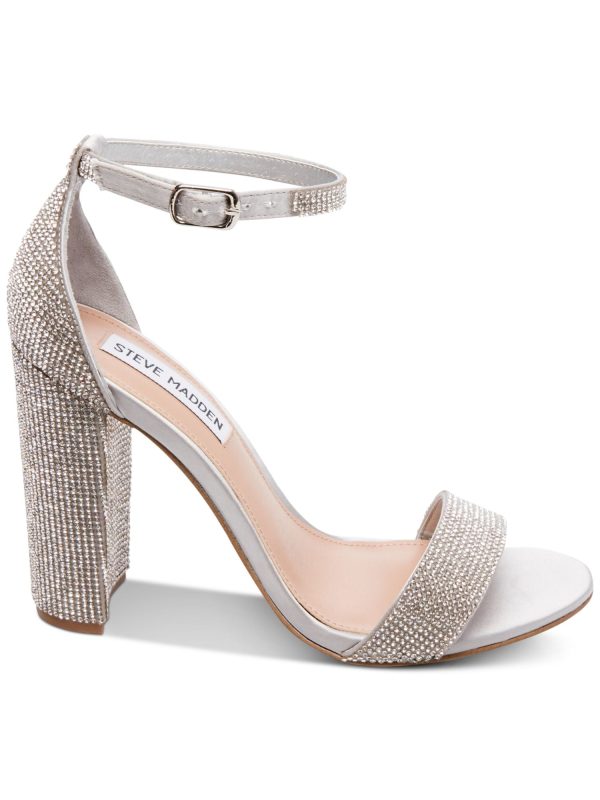 STEVE MADDEN Womens Silver Adjustable Ankle Strap Rhinestone Padded Carrson Open Toe Block Heel Buckle Dress Heeled M Hot on Sale