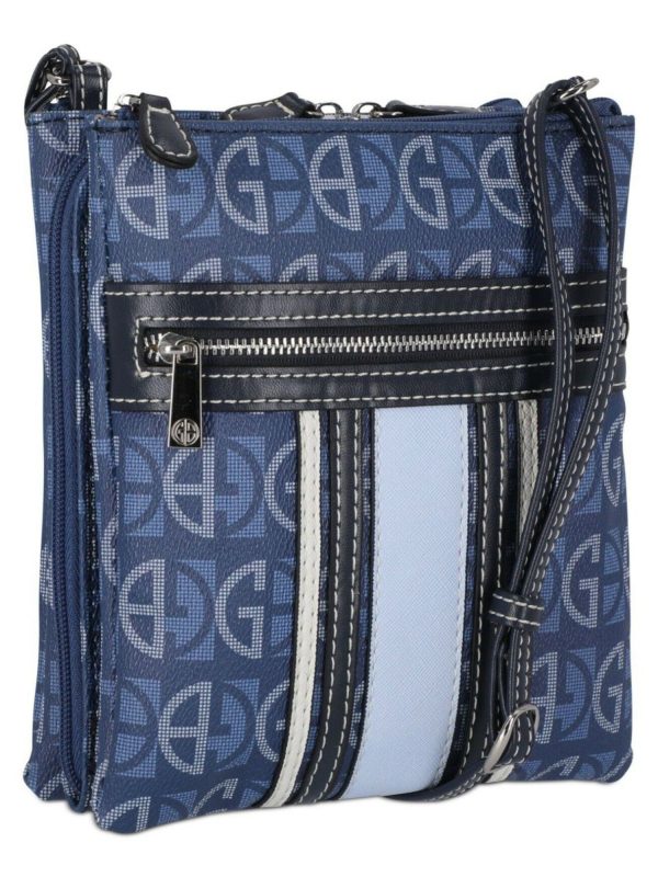 GIANI BERNINI Women s Navy Dasher Logo Polyester Center Stripes Adjustable Strap Crossbody Handbag Purse Online Sale