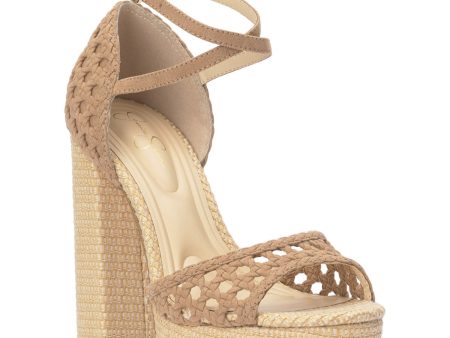 JESSICA SIMPSON Womens Beige Mixed Media 2  Platform Padded Ankle Strap Woven Aditi Peep Toe Block Heel Buckle Heeled M on Sale