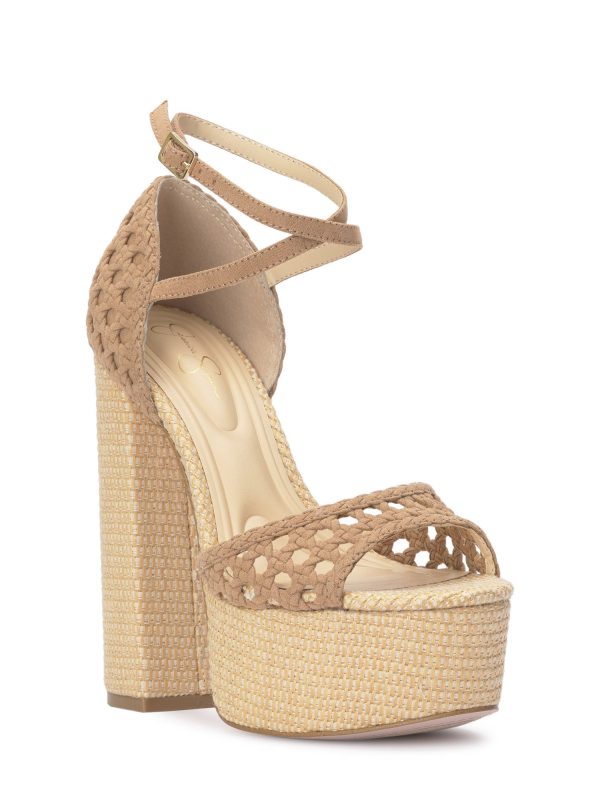 JESSICA SIMPSON Womens Beige Mixed Media 2  Platform Padded Ankle Strap Woven Aditi Peep Toe Block Heel Buckle Heeled M on Sale